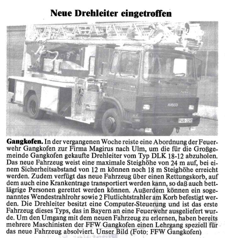 Zeitungsartikel 1989 Indienststellung DLK